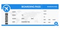 Plane ticket. Airline boarding pass template. Airport and plane pass document. Vector illustration. Royalty Free Stock Photo